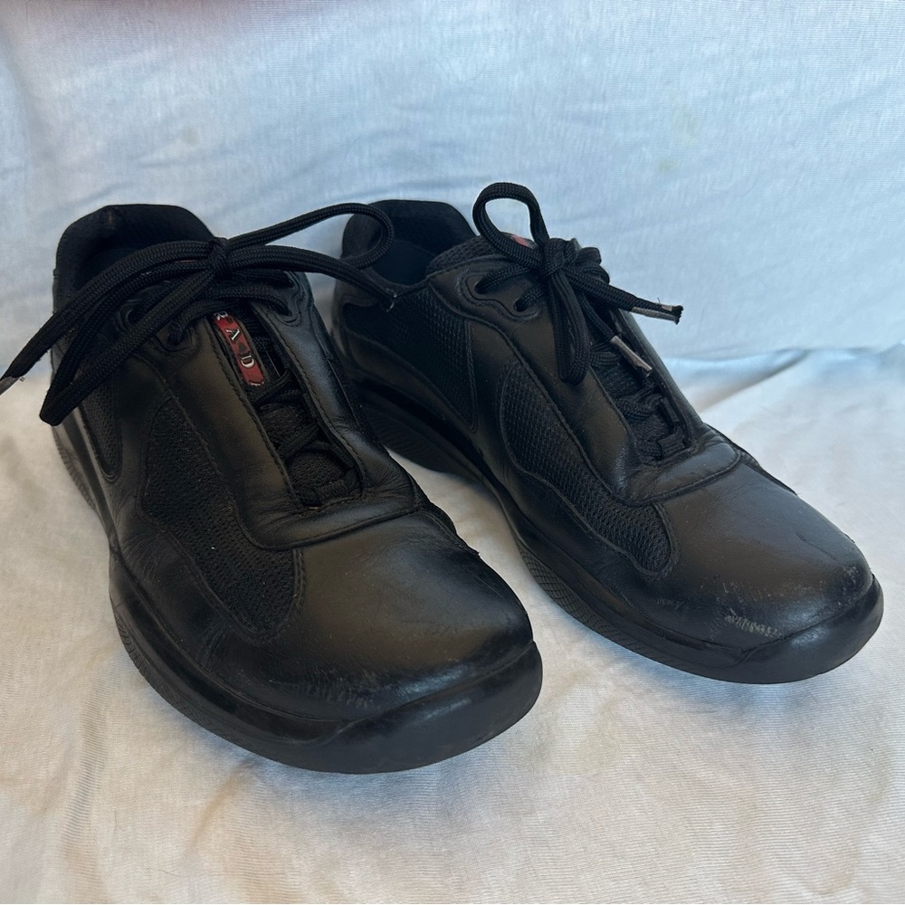 Prada America’s cup Men's Black Leather & Mesh Sneakers with Red Stripe - Picture 14 of 16